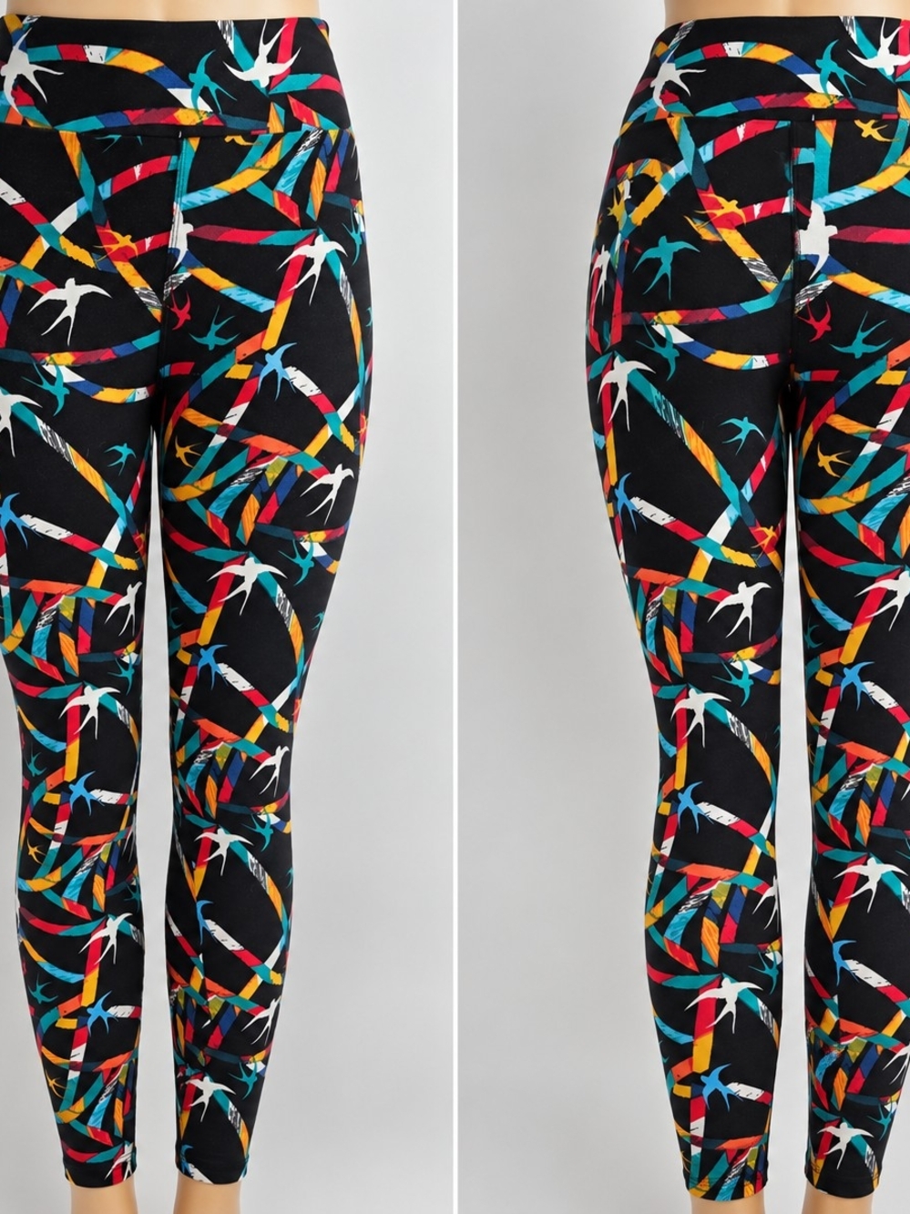LuLaRoe Tall & Curvy TC Leggings Black Colorful Bird Print Boho